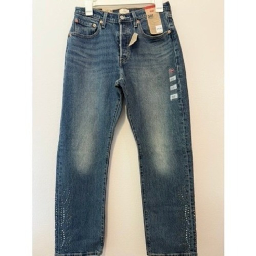 Levis 501 Curve Straight Leg Jeans Rhinestone Studded Blue Denim 30x30 NEW